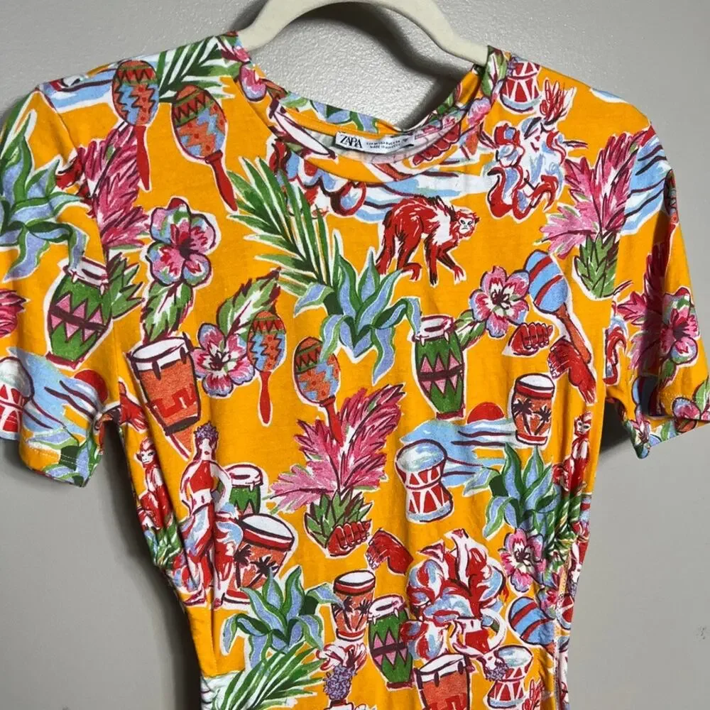 Zara Tropical Floral Cut Out Short Sleeve T-Shirt Dress Vacation Beach Medium - Picture 4 of 9